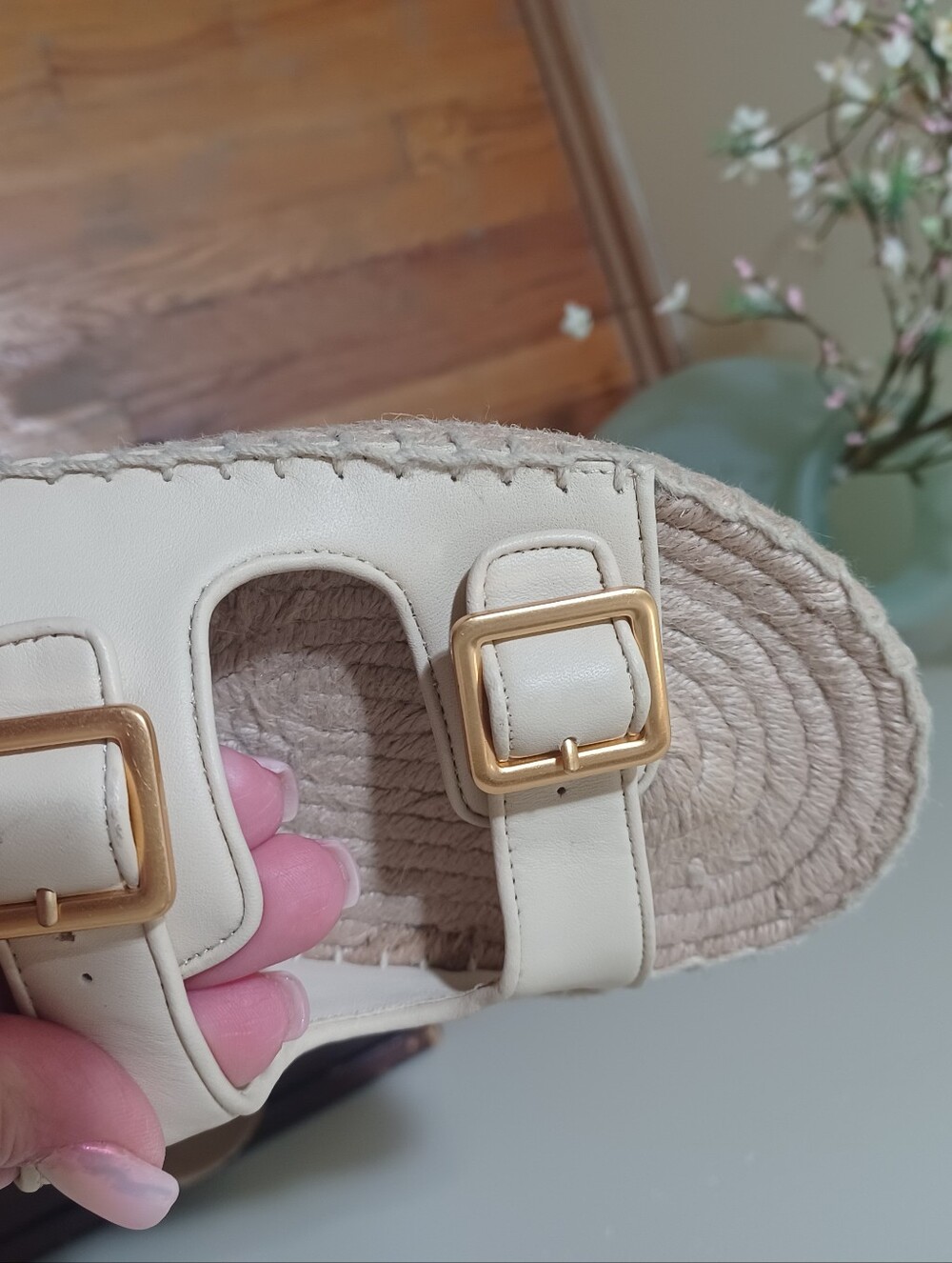 Tory Burch Cream Leather Double Buckle Espadrille Slides - Picture 7 of 7